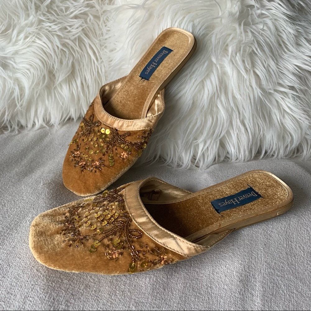 Denver Hayes Velvet Beaded Gold Slip-on Mules